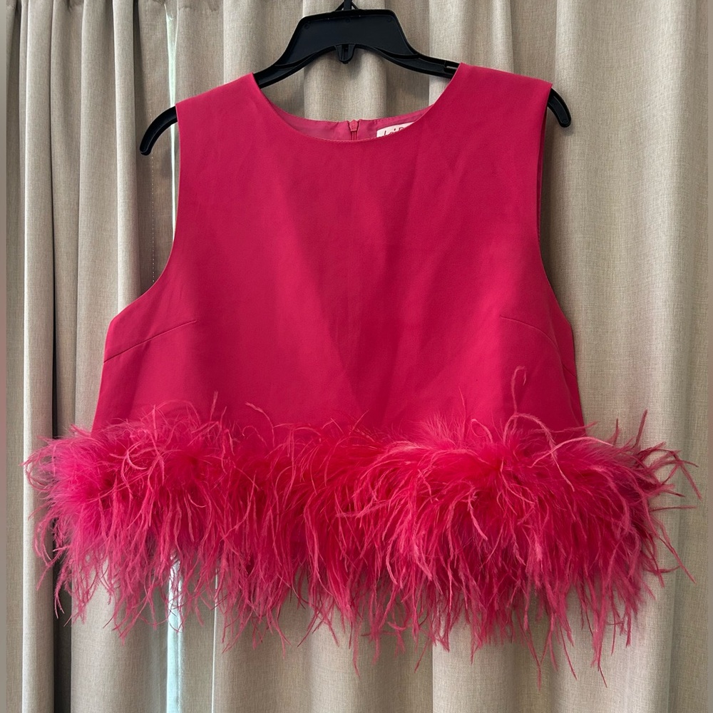 Feather Trim Sleeveless Crop Top - Hot Pink
